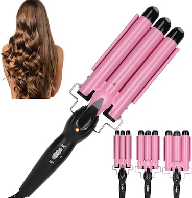 Three-Barrel Ceramic Jumbo Waver, Hair Curling Iron 1 inch 3 Barrel Hair Crimper Ceramic, Hair Styling Tool Wand Adjustable Hair Curler Waver Crimper (02 28mm)