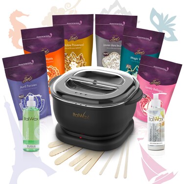 Italwax Brazilian Waxing Kit for Professional Hair Removal at Home - Easy-to-Use Wax Warmer with 6 Packs of Hard Wax Beads (3.52 oz each), Pre &amp; Post Lotions, and Applicator Sticks