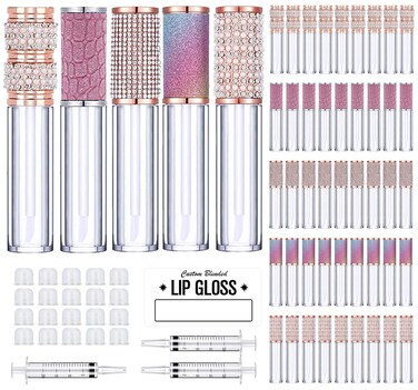 AMORIX 50 Pack Diamond Lip Gloss Tubes with Wand 5ml Empty Rhinestone Lip Gloss Containers Lipgloss Bottles Crystal Lip Gloss Supplies Kit + 3pcs Syringes + Labels for DIY Base