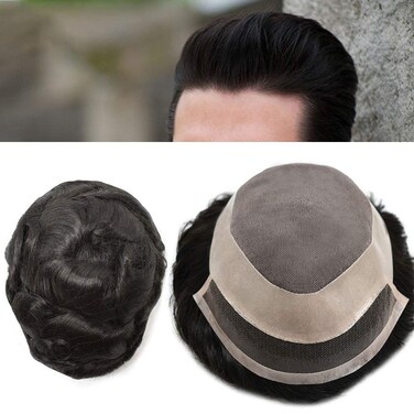 Mens Toupee Fine Welded Lace Front Natural Hairline Mens Hair Replacement System Black Durable Fine Mono Lace Black Hairpieces Wigs (8"X6", #1B OFF BLACK/NATURAL BLACK-120% LIGHT TO MEDIUM DENSITY)