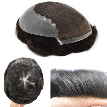 French Lace Front Bleached Knots Mens Toupee Poly Skin PU Hair System Replacement Natural Hairline Wigs Hairpieces for Men 120% Med-light to Medium Density (7"x9", #1B Off Black)