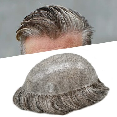 Toupee for Men Hair System Replacement Injected Poly Skin Mens Hairpiece Durable PU Wig for Men (8"X10", #360 Dark Brown+60% Gray-120% Med-light to Medium Density)