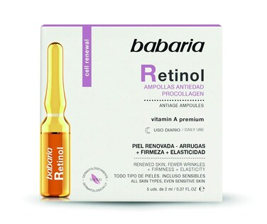 Babaria - Retinol Ampollas Antiedad Procollagen, Piel Renovada, Firme y El&aacute;stica, con Vitamin A Premium, Apto para Todo Tipo de Pieles, Incluso Sensibles - 5 Uds de 2 ml