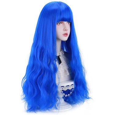 STYLER Long Blue Synthetic Wig with Bangs - Natural Long Wavy Cosplay Wigs for Women Halloween Christmas 30" (Blue)