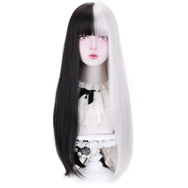STYLER Half Black Half White Wig with Bangs, Long Straight Anime Cosplay Wig for Women, Heat Resistant Synthetic Halloween Hair Wigs
