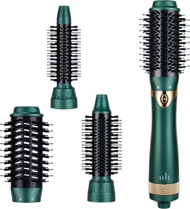 Hair Dryer Brush, 3 in 1 Interchangerable Hair Dryer &amp; Volumizer, Ceramic Negative Ion Curling Dryer Styler Brush with 3 Brush Heads (Green)
