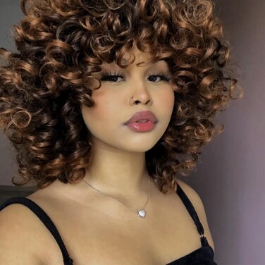 Curly Wigs for Black Women Short Curly Wigs for Women Curly Synthetic Hair Wigs Heat Resistant Hair Replacement Wigs with Wig Caps (Black Mixed Brown)