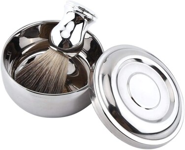 Men's Shaving Brush Set, Professional Men Shaving Tool Kit Alloy Shaving Soap Mug Bowl with Lid + Silver Handle Faux Hair Brush Men Shave Tool Kit
