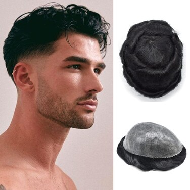 Toupee for Men All Injected PU Brazilian Human Hair Replacement System Thin Skin Mens Toupee Transparent Full Poly Men Hair Piece Male Protheses Hair Units Grey White Black Brown Blonde Color (8"X10",