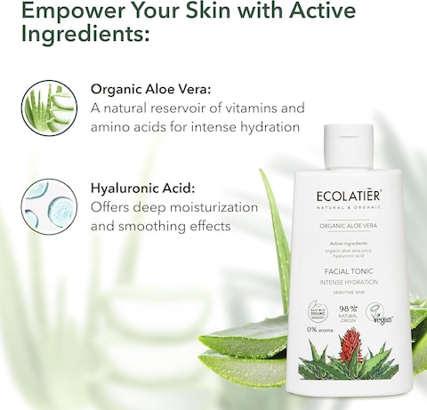 Toner for Face with Organic Aloe Vera &ndash; Intense Hydration, Vegan, 98% Natural, Moisturizing &amp; Soothing for Sensitive Skin, Gentle Daily Use, Tones &amp; Softens, 8.5 Fl Oz / 250ml