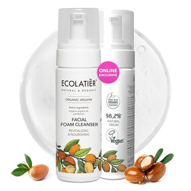 Foaming Facial Cleanser with Organic Argan Oil &ndash; 98.6% Natural, Vegan, Revitalizing &amp; Nourishing Organic Argana, Anti-Aging, Removes Impurities, 5.1 Fl Oz - ECOLATIER