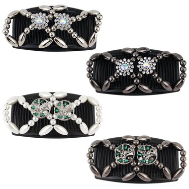 4Pcs Magic Hair Combs, Stretch Beaded Hair Combs Stretchy Double Hair Side Combs Clips Bun Maker Headwear for Women Girls DIY Hair Styling Accessories(Flower Tree)