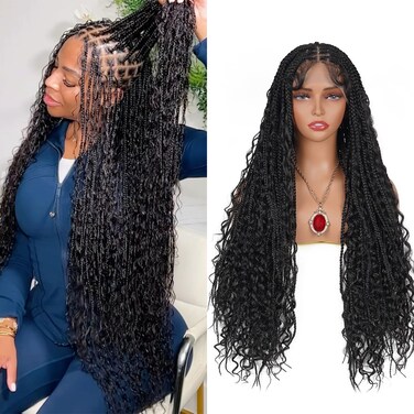 Boho Knotless Braided Wigs for Black Women Bohemian Box Braided Wigs With Baby Hair Synthetic Boho Braid Lace Front Wig Natural Black(Natural Black, 13x6 Boho Braided Wig 36 Inch)
