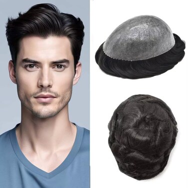 Hair System for Man Full Poly Skin PU Toupee for Men Human Hair Replacement Systems Scallop PU Front Male Hairpieces 8"X10" 1B# OFF BLACK