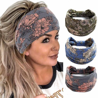 Boho Bandeau Headbands Wide Knot Hair Band Stretch Turban Head Wraps Fashion Hair Accessories for Women 3 Pcs (Boho)