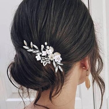 EASEDAILY Crystal Bridal Hair Pins Silver Flower Wedding Hair Pieces Leaf Hair Accessories for Brides and Women