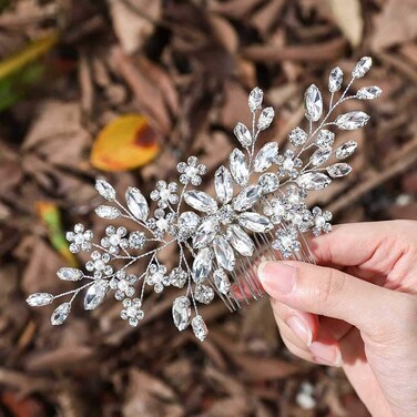 Unsutuo Crystal Bride Wedding Hair Comb Silver Rhinestone Flower Bridal Hair Pieces Pearl Wedding Hair Accessories for Women and Girls&hellip; (Silver)