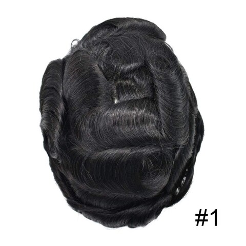 Toupee for Men Hair System Replacement Injected Poly Skin Mens Hairpiece Durable PU Wig for Men (8&quot;X10&quot;, #1 Jet Black-110% Light to Medium Density)
