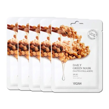 YADAH Daily Green Facial Sheet Mask, Natto Collagen, Pack of 5 &ndash; Vegan 100% Eco-friendly Mask Sheet for Skin Elasticity