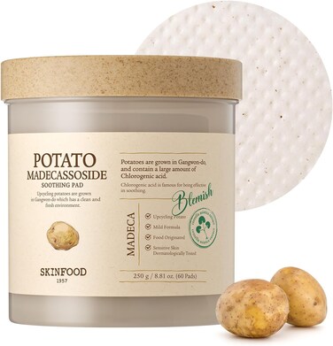 SKINFOOD Potato Madecassoside Soothing Toner Pad, Korean Skincare Facial Toner, Blemish Pads, Damaged Skin Barrier Improvement, Redness Relief, 8.81 oz (60 Pads)