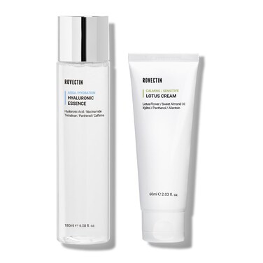 ROVECTIN Calming Lotus Water Cream (2.1 fl.oz) Moisturizer + Aqua Hyaluronic Essence (6.08 fl.oz) Facial Toner Bundle   Vegan Korean Skincare [2 Pack]