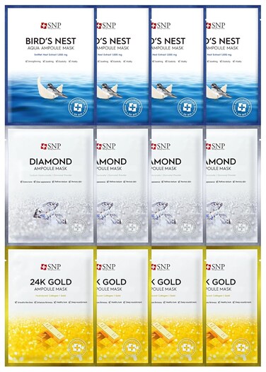 [K Beauty Snp] Variety Ampoule Sheet Mask Set   Bird's Nest, 24K Gold, and Diamond Face Mask   Hydrating, Moisturizing, Nourishing for Sensitive Facial Skin   Korean Face Masks Skincare   12 Sheets