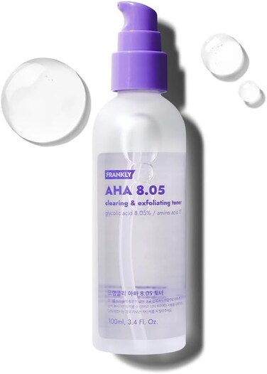 FRANKLY AHA 8.05% Toner   Pore-Refining Exfoliator with Glycolic Acid, 17 Amino Acids, Hyaluronic Acid   Smooths Texture, Hydrates, Targets Flakiness   Korean Skin Care 3.38 fl oz