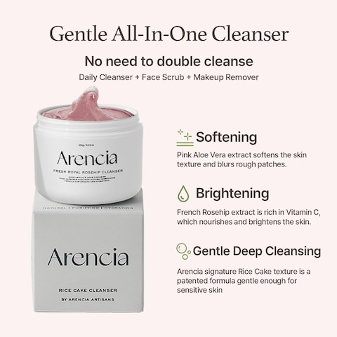 Rosehip Brightening Rice Mochi Face Cleanser &amp; Daily Scrub - Moisturizing, Exfoliating &amp; Deep-Cleansing - All Skin Types with Rice Powder &amp; Rice Water (1.76oz)