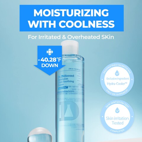 Dr. Different Hyaluron Cool Soothing Toner - Hydrating &amp; Cooling Facial Toner for Sensitive Skin with Hyaluronic Acid - Soothe and Moisturize Dry and Irritated Skin, 10.1 fl.oz.