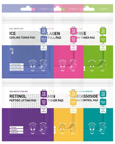 DERMAL 6 Types Toner Pad Trial Kit Portable Travel Combo Set - Ice Cooling, Collagen, Retinol, Madecassoside, Tea Tree, Vitamin Korean Face Toner Pads, 12 Pads x 6 Pack