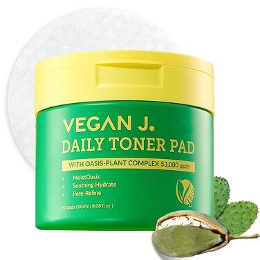 Vegan J Daily Toner Pads   Exfoliating, Hydrating, Moisturizing   Vegan K-Beauty   Oasis-Plant Complex 53,000ppm   Pore Refining &amp; Skin Soothing   100% Cotton (60 Pads)