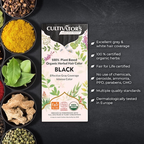 Cultivator&#39;s Organic Hair Color - Herbal Ammonia-Free Powder for Natural Hair Coloring for Women and Men, (Black) - 100g