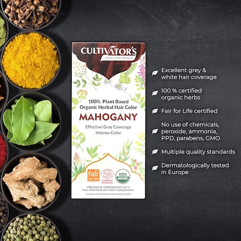 Cultivator&#39;s Organic Hair Colour - Organic Herbal Hair Colour for Women and Men - Ammonia Free Hair Colour Powder - Natural Hair Colour Without Chemical, (Mahogany) - 100g