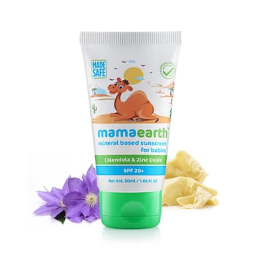 Mamaearth Mineral Based SPF 20+ Baby Sunscreen   Protects Against UV Rays &amp; Soothes Skin   with Zinc Oxide   Waterproof &amp; Safe for Delicate Skin   1.69 Fl Oz/50 ml