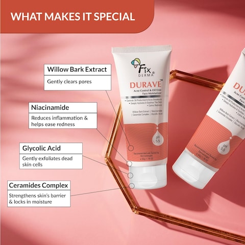 FIXDERMA Durave Acne Control &amp; Oil Free Moisturizer for Face with Glycolic Acid   Niacinamide Moisturizer   Acnemoist Moisturiser   Moisturizer for Oily Skin   Face Moisturizer for Women &amp; Men - 50gm