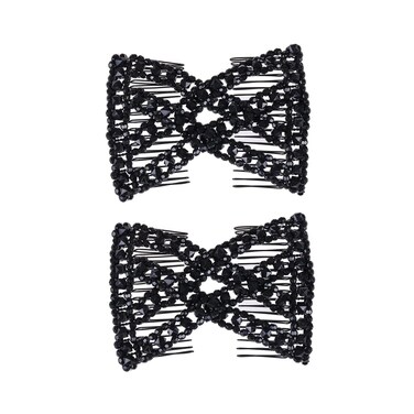 LOVEF 2 Pcs Black Stretch Flower Bow Glass Bead Hair Head Comb Cuff Double Clip