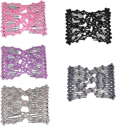 Lovef 5pcs Crystal Beaded Bow Magic Hair Comb Elastic Double Easy Clips Hair Clips Hair Accessories Insert Hair Jewelry
