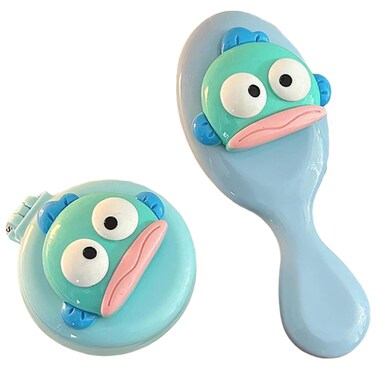 Candy Coloer Cute Cartoon Air Cushion Comb Set for Adults &amp; Kids Hair - Detangler Brush for Natural, Curly, Straight, Wet or Dry Hair, Foldable Mirror Included (Blue (Fold + Hand))