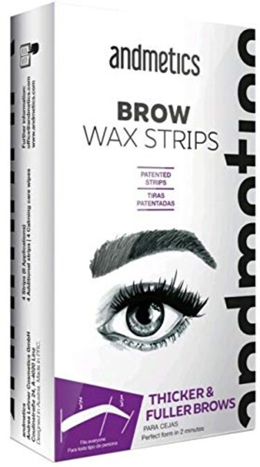 VEGAN Andmetics Brow Wax Strips for Thicker &amp; Fuller Brows - Eyebrows - Hair Removal with Aloe Vera, 8 STRIPS + 4 CALMING WIPES - Patented Strips