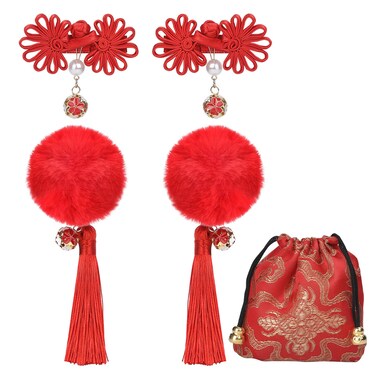 Chinese Style Hair Accessories Set, Fluffy Ball &amp; Chinese Knot Hair Clips, Festive Red Tassel Set for Christmas, New Year's Day &amp; Special Occasions - Red