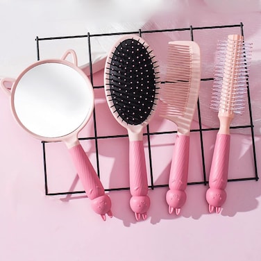 4 Pieces Hair Brush Hair Comb Set For Women Girls Gift Cute shaped Hair Comb Hair Brush Handheld Mirror Set Travel Detangling Comb Massage HairBrush with Air Cushion For Wet Dry Hair (Pink)