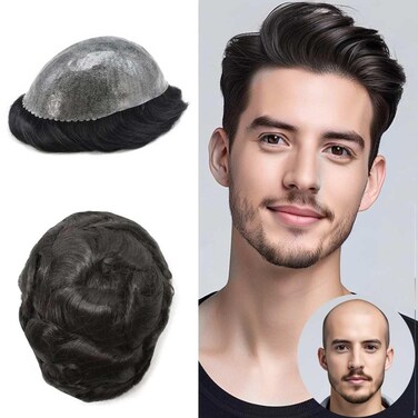 Hair System For Men Toupee Human Hair Replacement All Poly Mens Hair Piece 0.1mm Skin PU Hairpieces For Man Hair Unit Grey Brown Black Patch Wigs(8"X10", #1 JET BLACK)