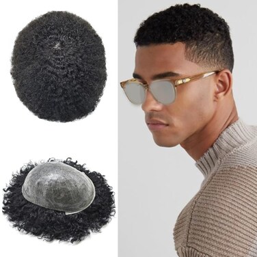 Hair Units for Black Men Hairpiece PU Injected Afro Toupee for Men Hair System for African American Men Afro Wave Mens Toupee 6mm Man Weave Hair Prosthesis afro wave 6mm#1 Jet Black