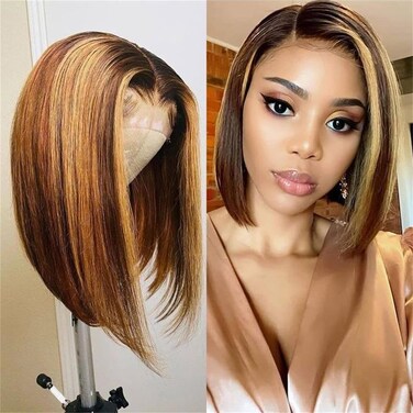Short Straight Bob Lace Front Synthetic Hair Wigs Light Brown with Blonde Highlights HD Lace Heat Resistant Fiber Hair Wig for Black Women Glueless 180 Density Pre Plucked with Baby Hair 12 Inch
