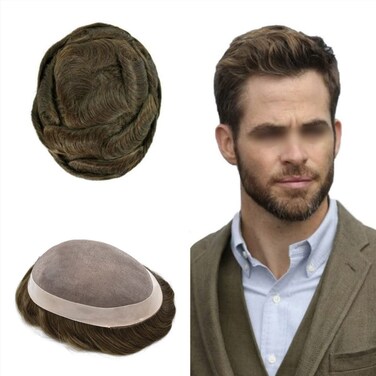 Mens Toupee Hair System European Human Hair Piece Mono Lace Center Men Hair System NPU Around Toupee For Men Hair Replacement System. (6X9"-120% Medium light to medium density, 4# Medium Brown)