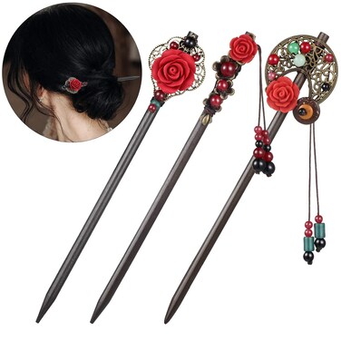 3 Pieces Chinese Hair Stick Japanese Retro Wooden Hairpin Flower Hair Chopsticks Handmade Classic Geisha Hair Accessories for Long Hair