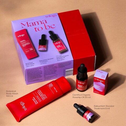 Trilogy Mama To Be Gift Set, with Botanical Body Wash, Bakuchiol+ Booster Treatment, Certified Organic Rosehip Oil