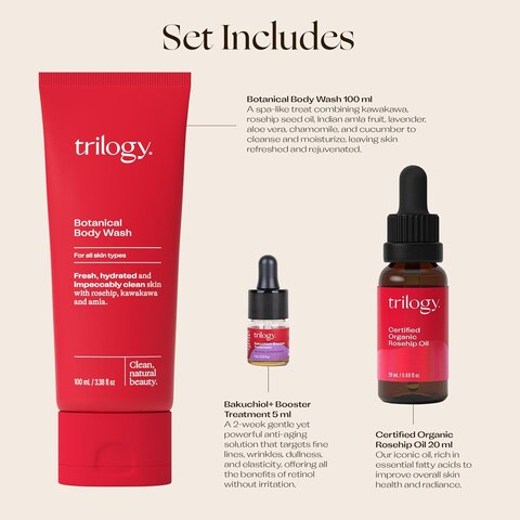 Trilogy Mama To Be Gift Set, with Botanical Body Wash, Bakuchiol+ Booster Treatment, Certified Organic Rosehip Oil