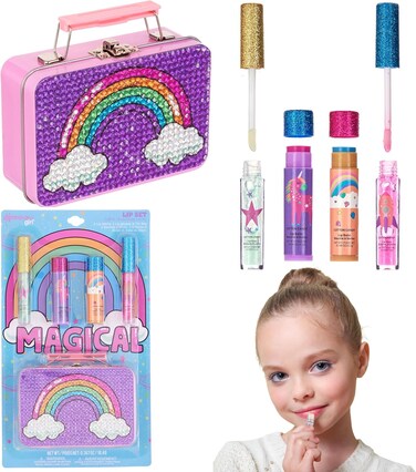 EXPRESSIONS 5pc Rainbow Rhinestones Cosmetics Lip Kit For Kids w/Lip Glosses, Lip Balms &amp; Tin Box Storage Case Magical Lip Set,Washable + Non Toxic