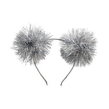 LUX ACCESSORIES Foil Strips Pom Poms Style Cat Ears Fashion Headband (SILVER)